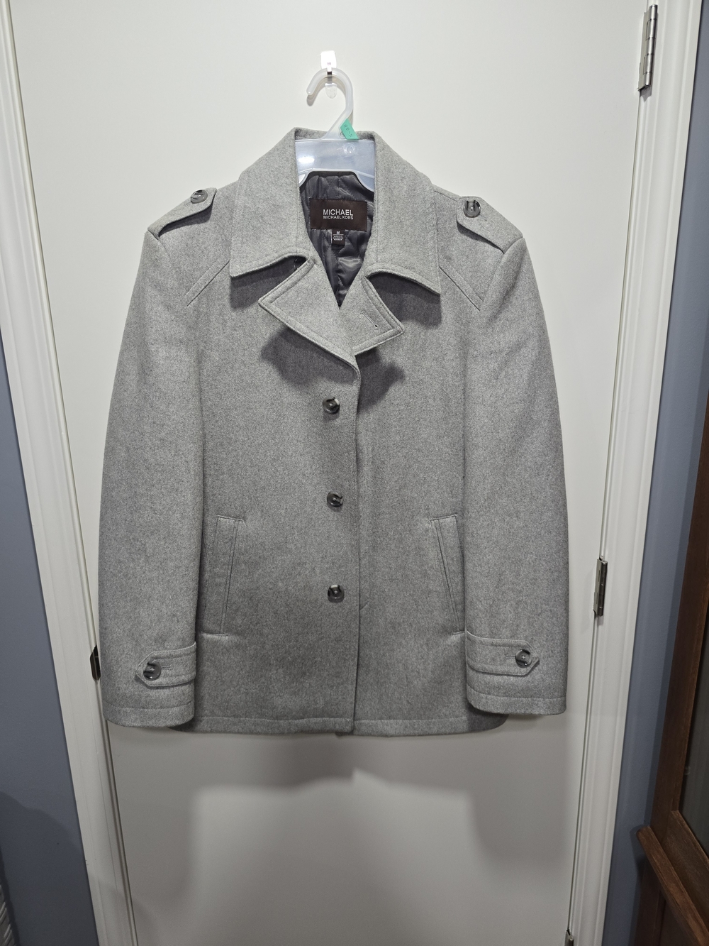 Michael Kors Light Gray Wool-Blend Peacoat with Epaulets